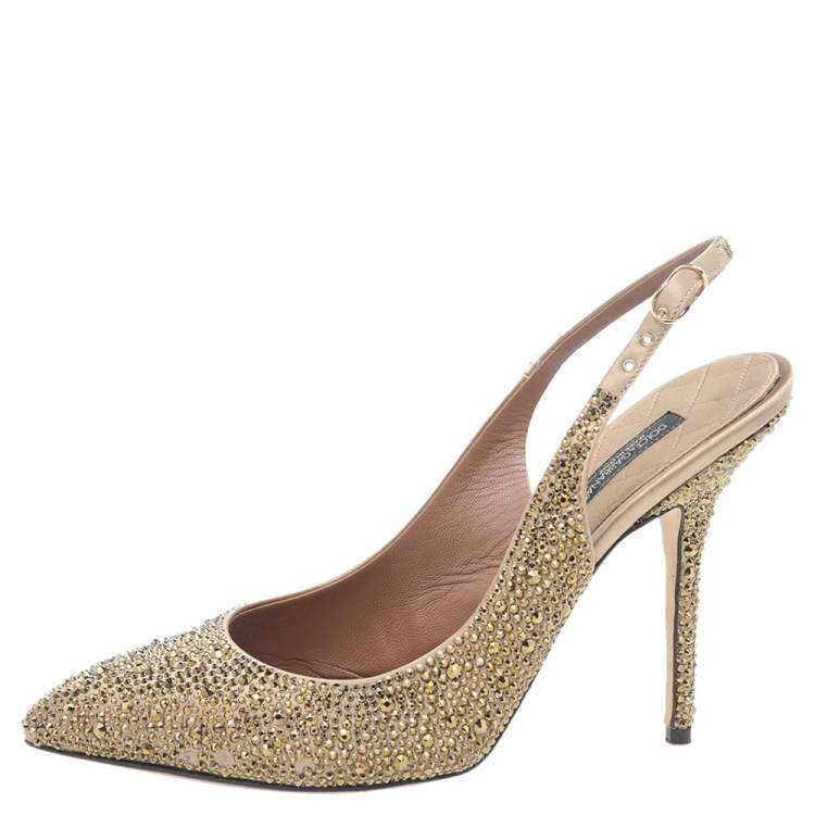 Pre Owned Dolce & Gabbana Gold Crystal Embellished Satin Slingback Pumps Size 39.5