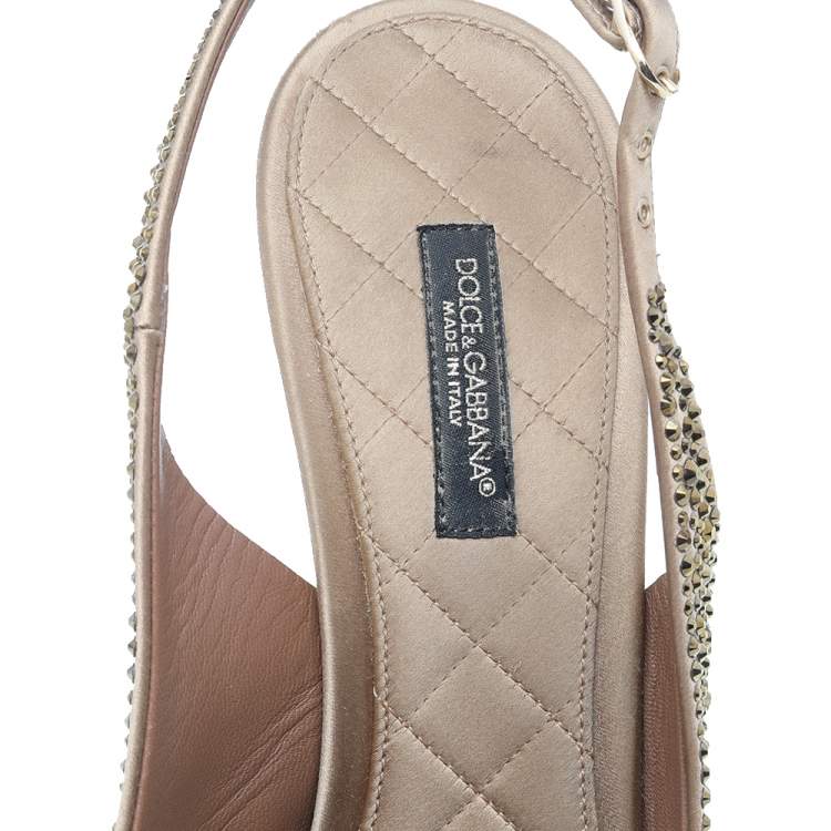 Pre Owned Dolce & Gabbana Gold Crystal Embellished Satin Slingback Pumps Size 39.5