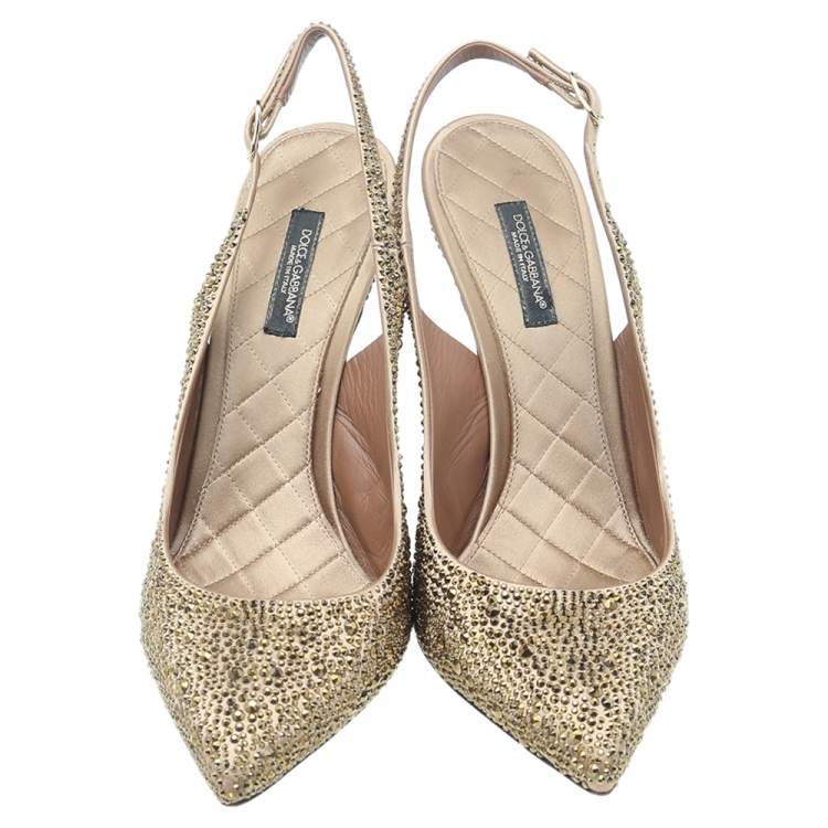 Pre Owned Dolce & Gabbana Gold Crystal Embellished Satin Slingback Pumps Size 39.5