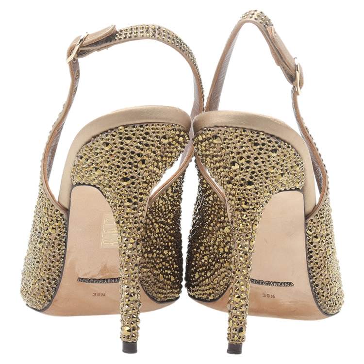 Pre Owned Dolce & Gabbana Gold Crystal Embellished Satin Slingback Pumps Size 39.5
