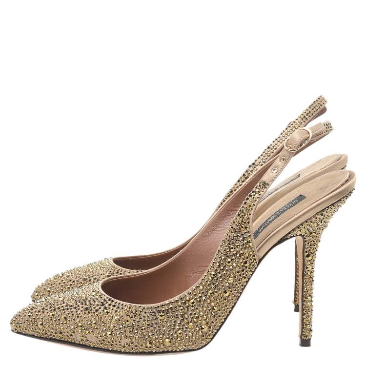 Pre Owned Dolce & Gabbana Gold Crystal Embellished Satin Slingback Pumps Size 39.5