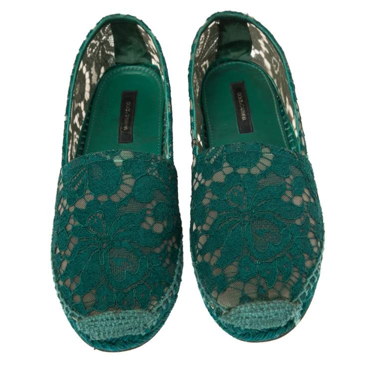 Pre Owned Dolce & Gabbana Green Lace Espadrille Flats Size 40
