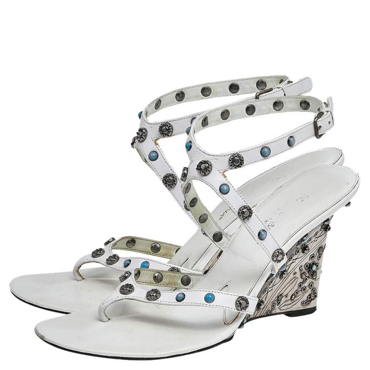 Pre Owned Dolce & Gabbana White Leather Embellished Ankle Strap Sandals Size  38.5