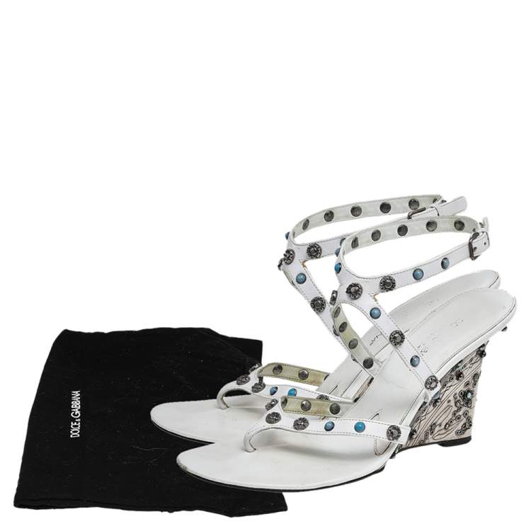 Pre Owned Dolce & Gabbana White Leather Embellished Ankle Strap Sandals Size  38.5
