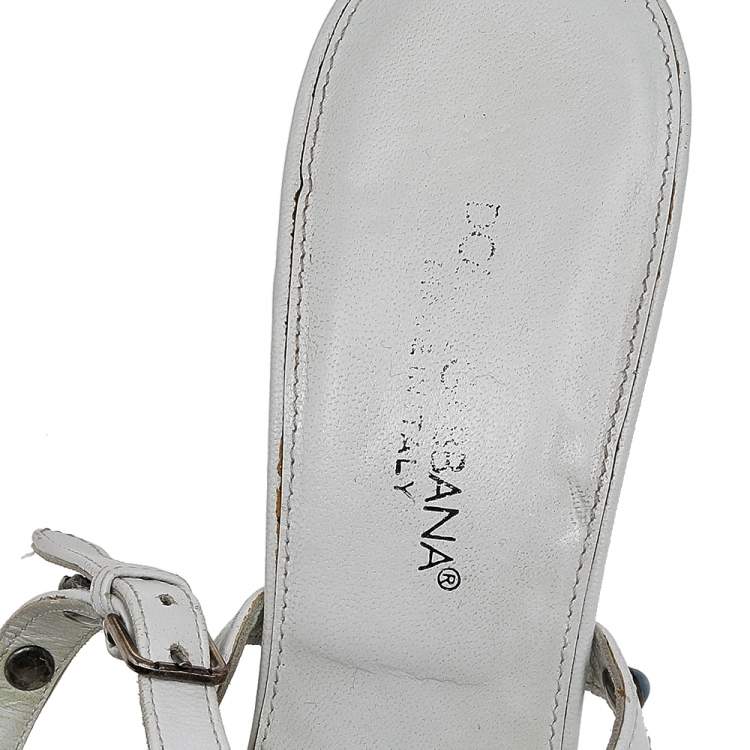 Pre Owned Dolce & Gabbana White Leather Embellished Ankle Strap Sandals Size  38.5