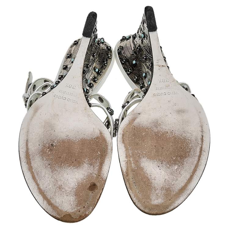 Pre Owned Dolce & Gabbana White Leather Embellished Ankle Strap Sandals Size  38.5