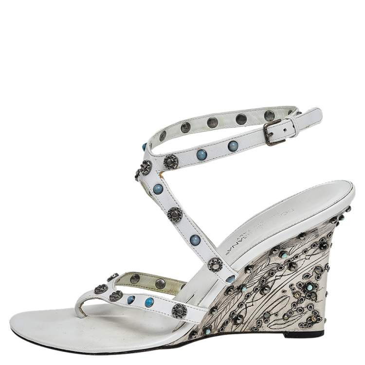 Pre Owned Dolce & Gabbana White Leather Embellished Ankle Strap Sandals Size  38.5
