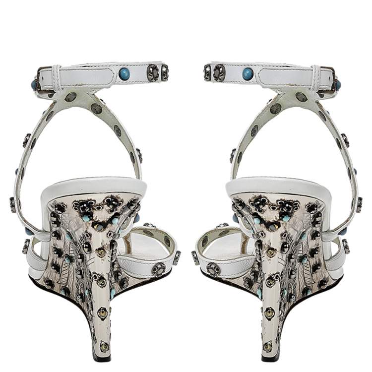 Pre Owned Dolce & Gabbana White Leather Embellished Ankle Strap Sandals Size  38.5