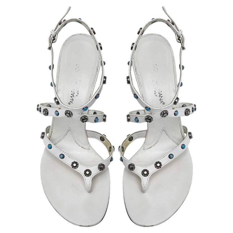 Pre Owned Dolce & Gabbana White Leather Embellished Ankle Strap Sandals Size  38.5