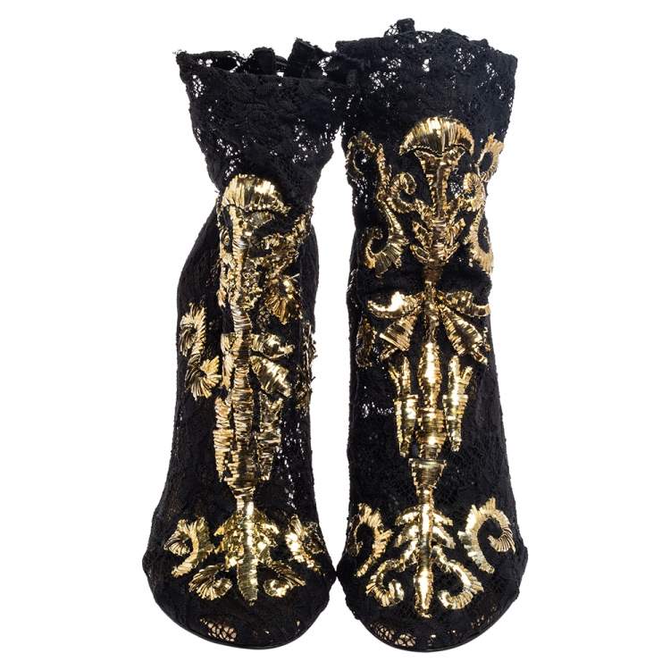 Pre Owned Dolce & Gabbana Black Lace Embellished Peep Toe Booties Size 39