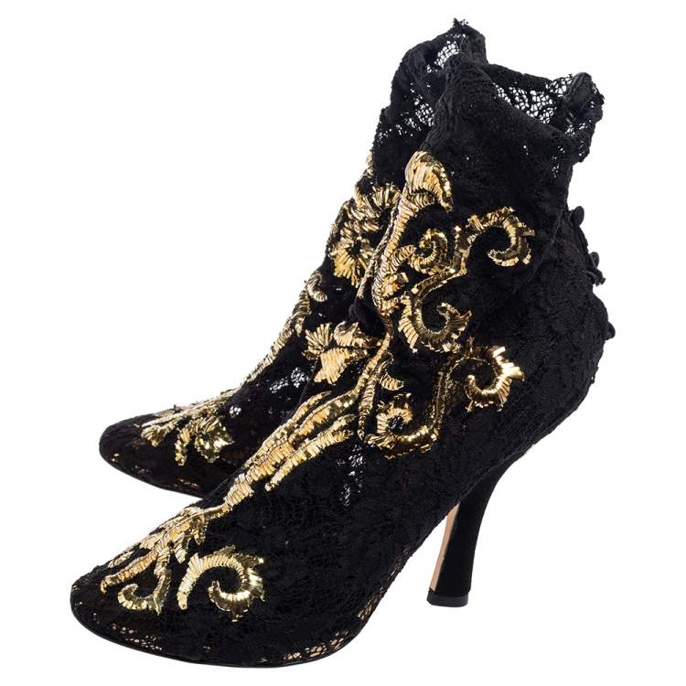 Pre Owned Dolce & Gabbana Black Lace Embellished Peep Toe Booties Size 39