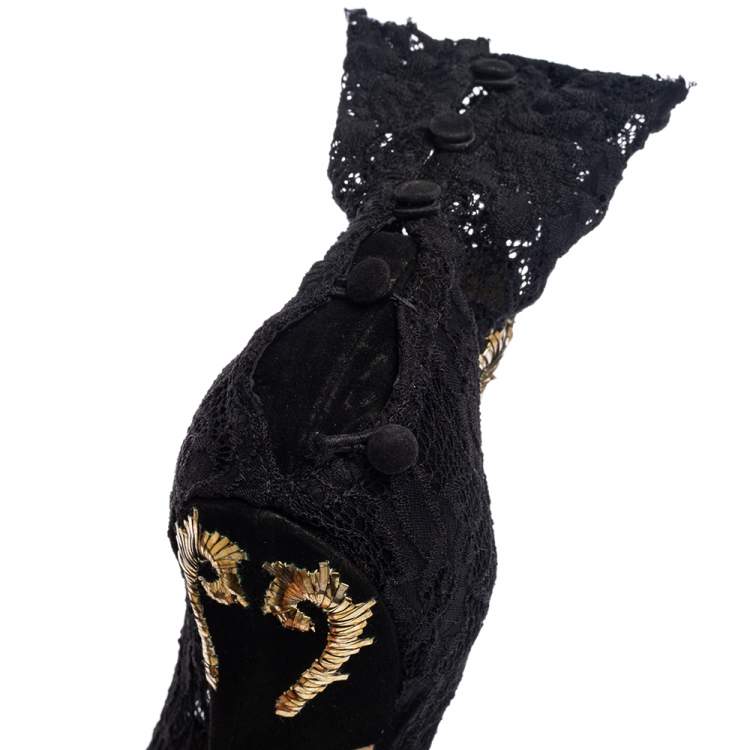 Pre Owned Dolce & Gabbana Black Lace Embellished Peep Toe Booties Size 39