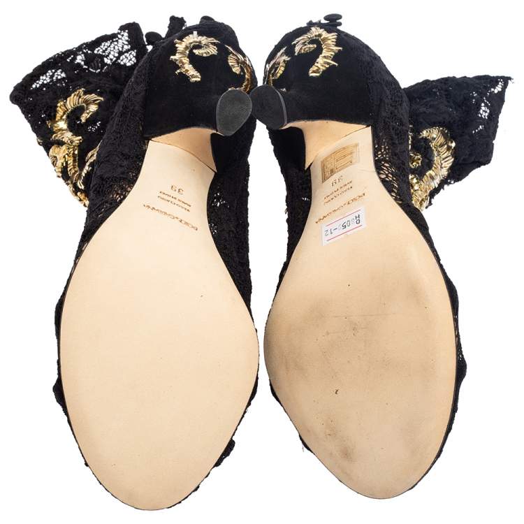 Pre Owned Dolce & Gabbana Black Lace Embellished Peep Toe Booties Size 39