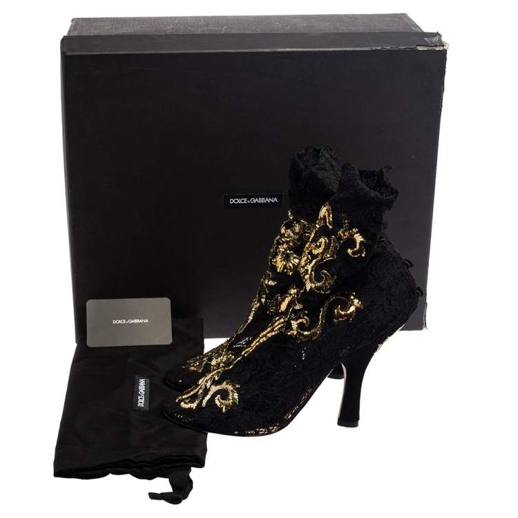 Pre Owned Dolce & Gabbana Black Lace Embellished Peep Toe Booties Size 39
