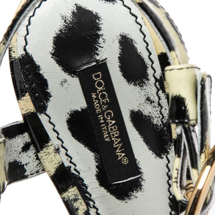 Pre Owned Dolce & Gabbana Cream-Black Patent Leather Ankle Strap Platform Sandals Size 39