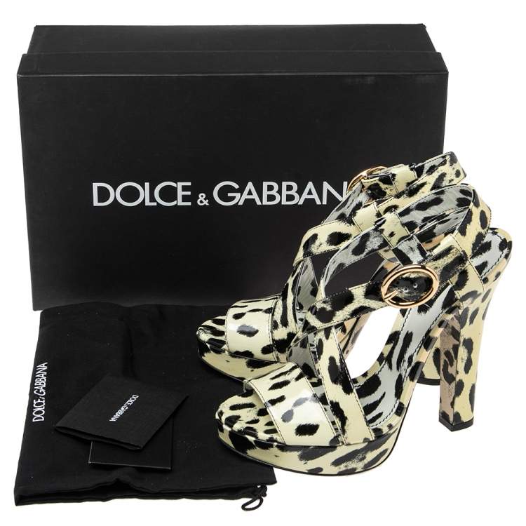 Pre Owned Dolce & Gabbana Cream-Black Patent Leather Ankle Strap Platform Sandals Size 39