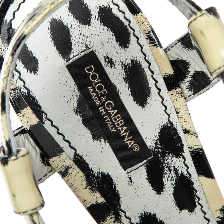 Pre Owned Dolce & Gabbana Yellow/Black Animal Print Patent Leather Cross Strap Platform Sandals Size 39