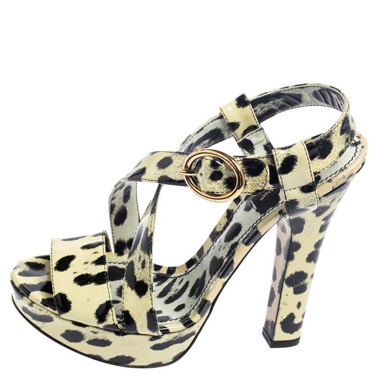 Pre Owned Dolce & Gabbana Yellow/Black Animal Print Patent Leather Cross Strap Platform Sandals Size 38.5