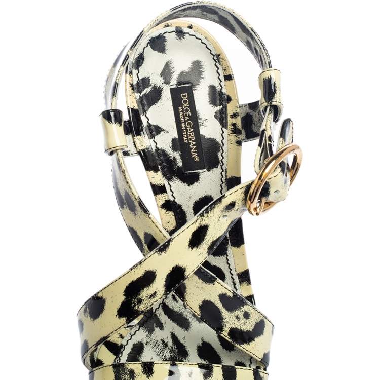 Pre Owned Dolce & Gabbana Yellow/Black Animal Print Patent Leather Cross Strap Platform Sandals Size 38.5