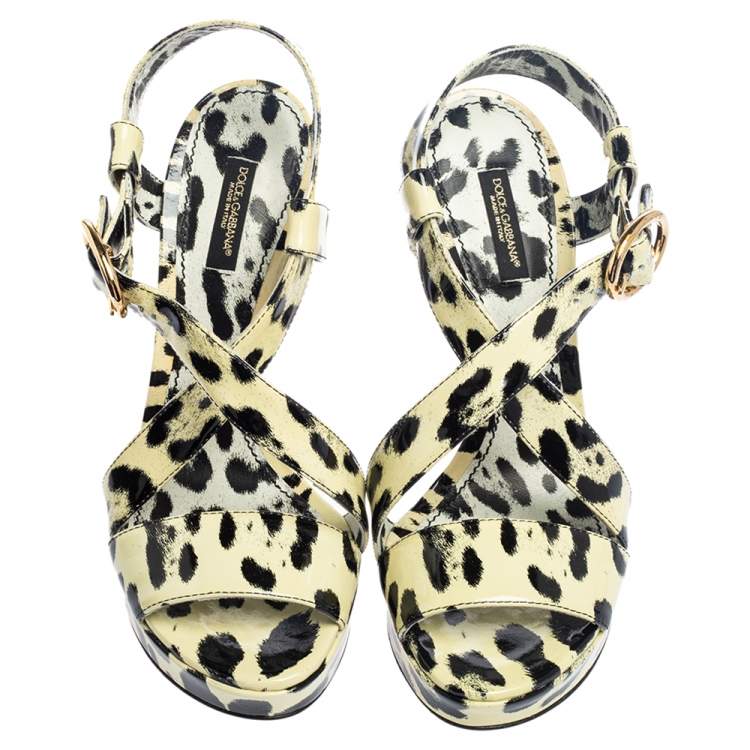 Pre Owned Dolce & Gabbana Yellow/Black Animal Print Patent Leather Cross Strap Platform Sandals Size 38.5