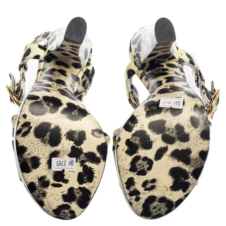 Pre Owned Dolce & Gabbana Yellow/Black Animal Print Patent Leather Cross Strap Platform Sandals Size 38.5