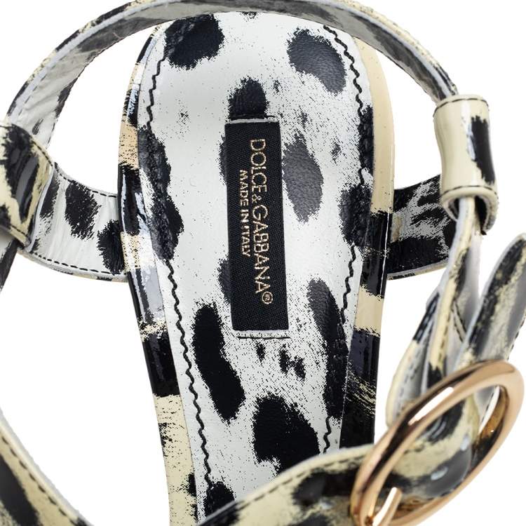 Pre Owned Dolce & Gabbana Cream/Black Patent Leather Leopard Print Ankle Strap Platform Sandals Size 40