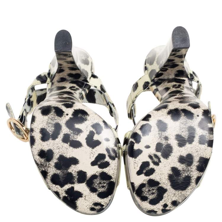 Pre Owned Dolce & Gabbana Cream/Black Patent Leather Leopard Print Ankle Strap Platform Sandals Size 40