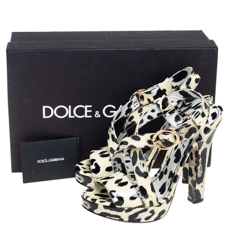 Pre Owned Dolce & Gabbana Cream/Black Patent Leather Leopard Print Ankle Strap Platform Sandals Size 40