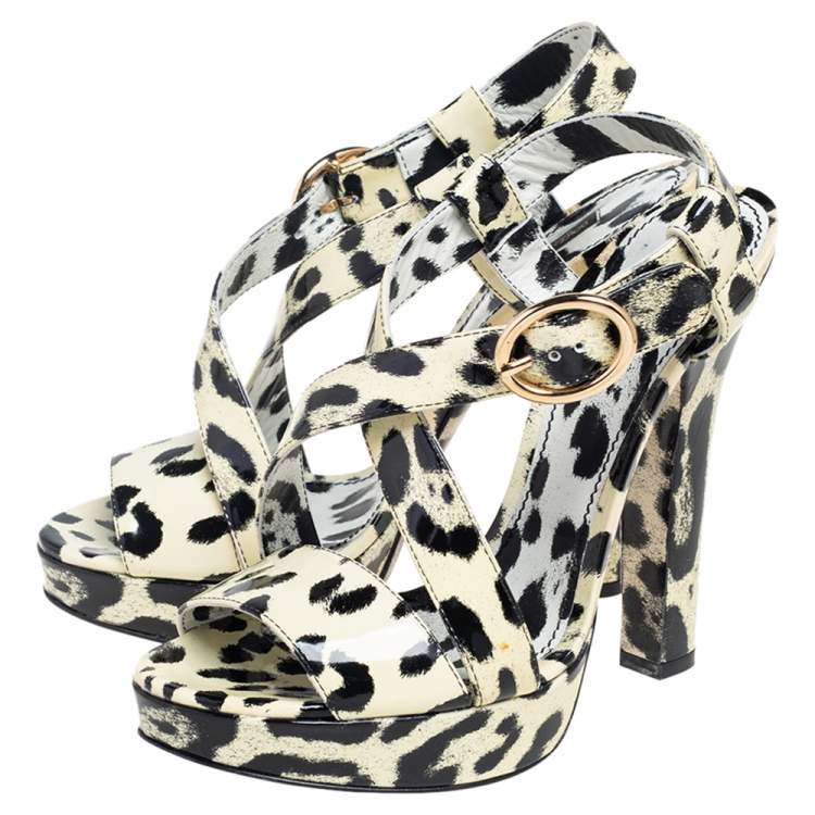 Pre Owned Dolce & Gabbana Cream/Black Patent Leather Leopard Print Ankle Strap Platform Sandals Size 40
