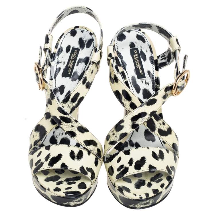 Pre Owned Dolce & Gabbana Cream/Black Patent Leather Leopard Print Ankle Strap Platform Sandals Size 40