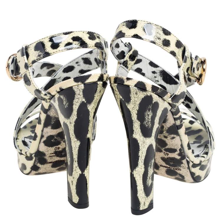 Pre Owned Dolce & Gabbana Cream/Black Patent Leather Leopard Print Ankle Strap Platform Sandals Size 40