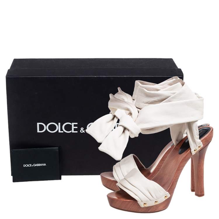 Pre Owned Dolce & Gabbana White Leather Ankle Wrap Platform Sandals Size 40 