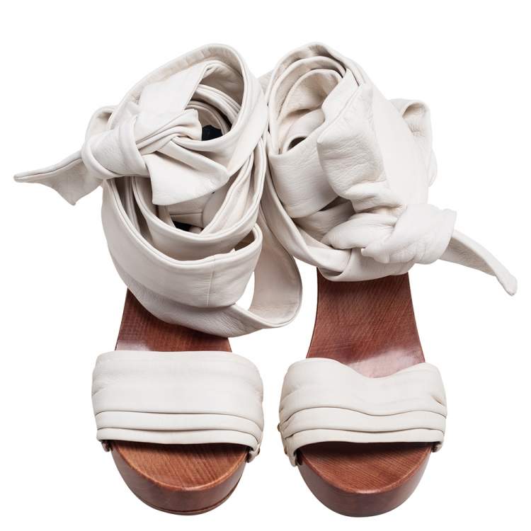 Pre Owned Dolce & Gabbana White Leather Ankle Wrap Platform Sandals Size 40 