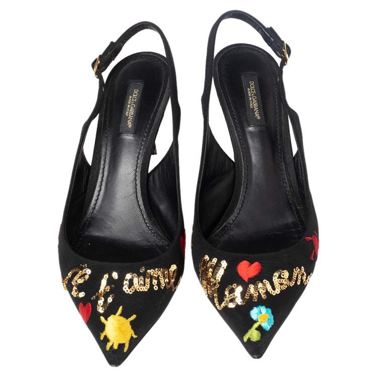 Pre Owned Dolce & Gabbana Black Canvas Embroidered Sequinned Slingback Pumps Size 39
