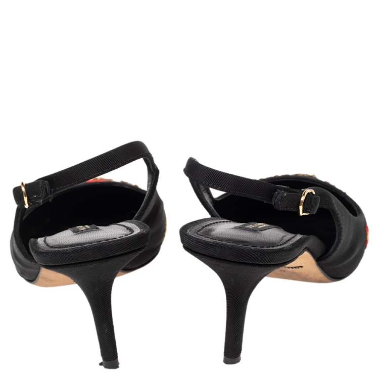 Pre Owned Dolce & Gabbana Black Canvas Embroidered Sequinned Slingback Pumps Size 39