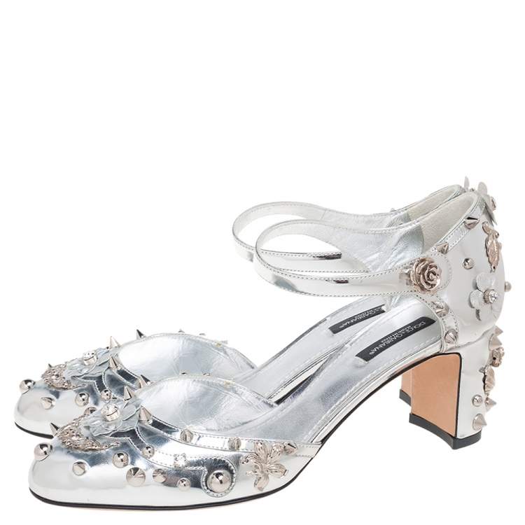 Pre Owned Dolce & Gabbana Metallic Silver Leather Embellished Block Heel Ankle Strap Sandals Size 38
