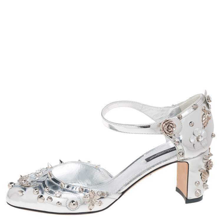 Pre Owned Dolce & Gabbana Metallic Silver Leather Embellished Block Heel Ankle Strap Sandals Size 38
