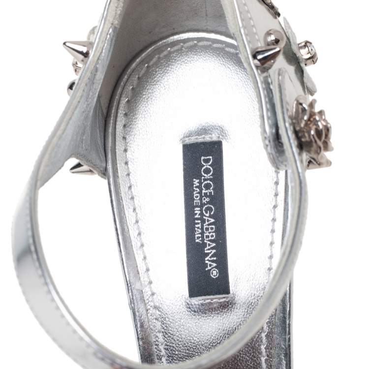 Pre Owned Dolce & Gabbana Metallic Silver Leather Embellished Block Heel Ankle Strap Sandals Size 38