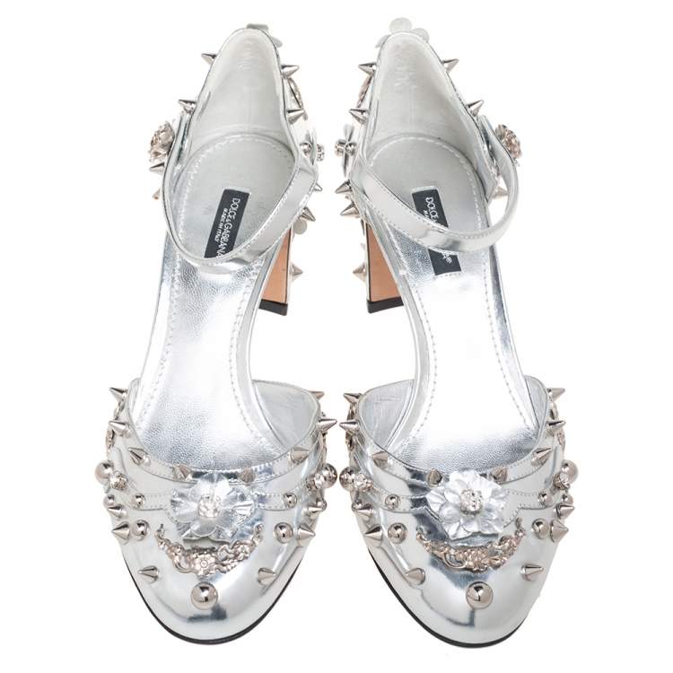 Pre Owned Dolce & Gabbana Metallic Silver Leather Embellished Block Heel Ankle Strap Sandals Size 38