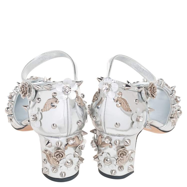Pre Owned Dolce & Gabbana Metallic Silver Leather Embellished Block Heel Ankle Strap Sandals Size 38