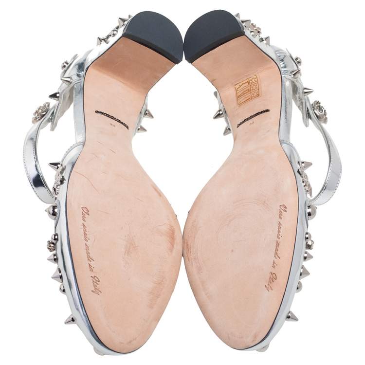 Pre Owned Dolce & Gabbana Metallic Silver Leather Embellished Block Heel Ankle Strap Sandals Size 38