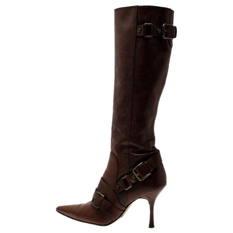 Pre Owned Dolce & Gabbana Brown Leather Buckle Detail Tall Pointed Boots Size 37