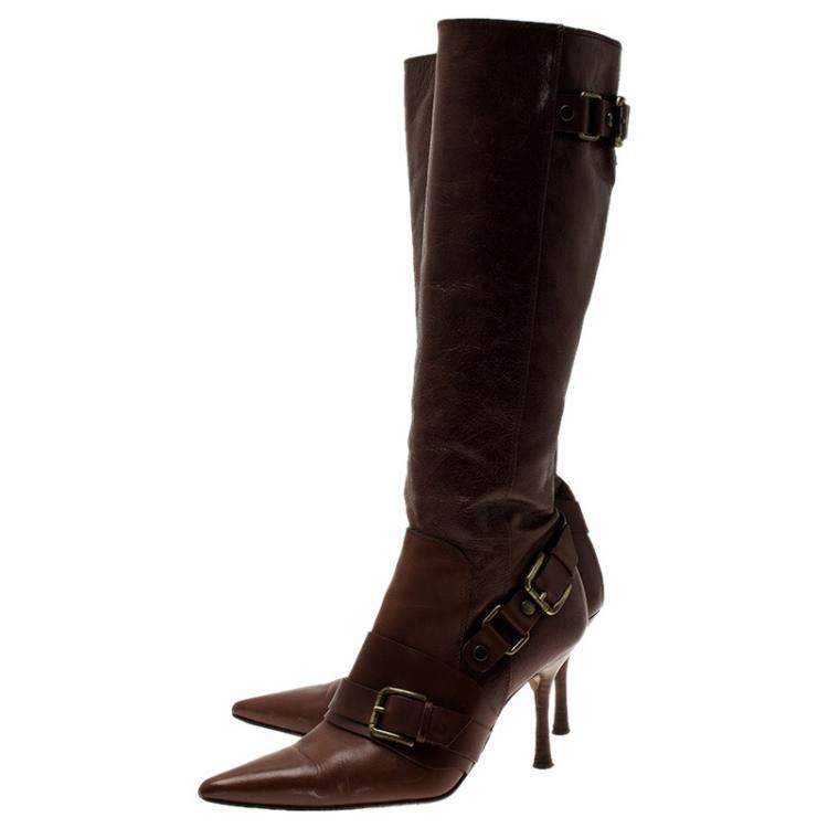 Pre Owned Dolce & Gabbana Brown Leather Buckle Detail Tall Pointed Boots Size 37