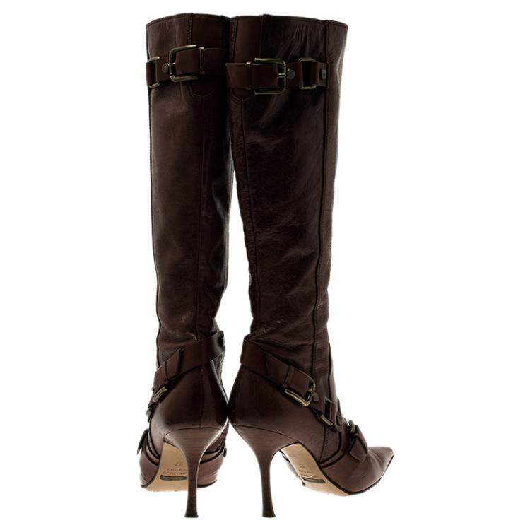 Pre Owned Dolce & Gabbana Brown Leather Buckle Detail Tall Pointed Boots Size 37