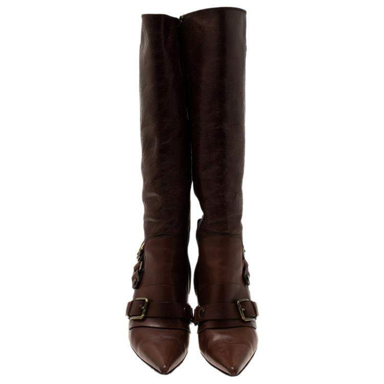 Pre Owned Dolce & Gabbana Brown Leather Buckle Detail Tall Pointed Boots Size 37
