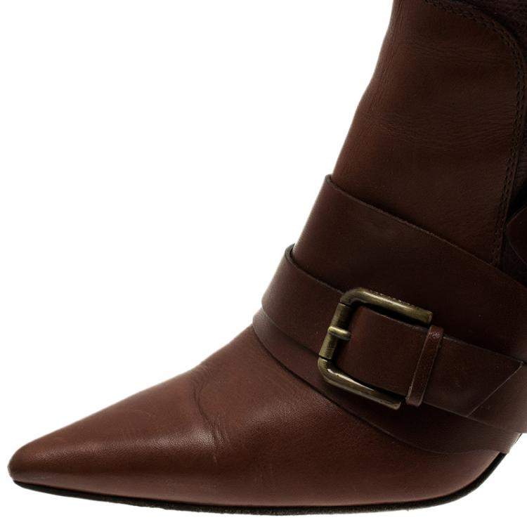 Pre Owned Dolce & Gabbana Brown Leather Buckle Detail Tall Pointed Boots Size 37