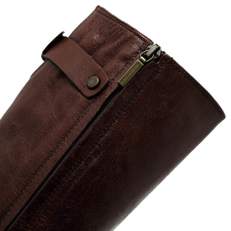 Pre Owned Dolce & Gabbana Brown Leather Buckle Detail Tall Pointed Boots Size 37