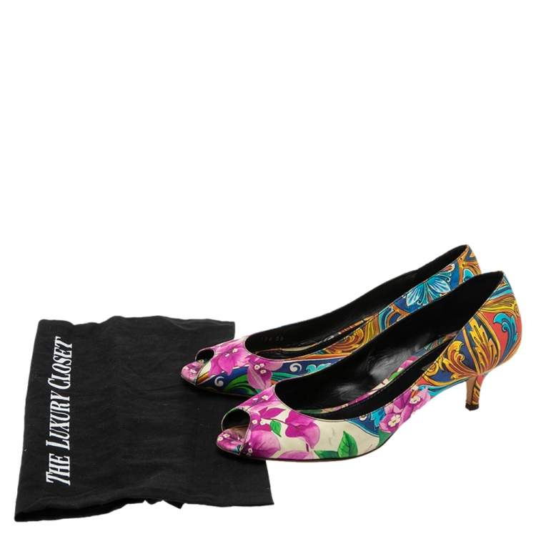 Pre Owned Dolce & Gabbana Multicolor Canvas  Floral Peep Toe Pumps Size 39