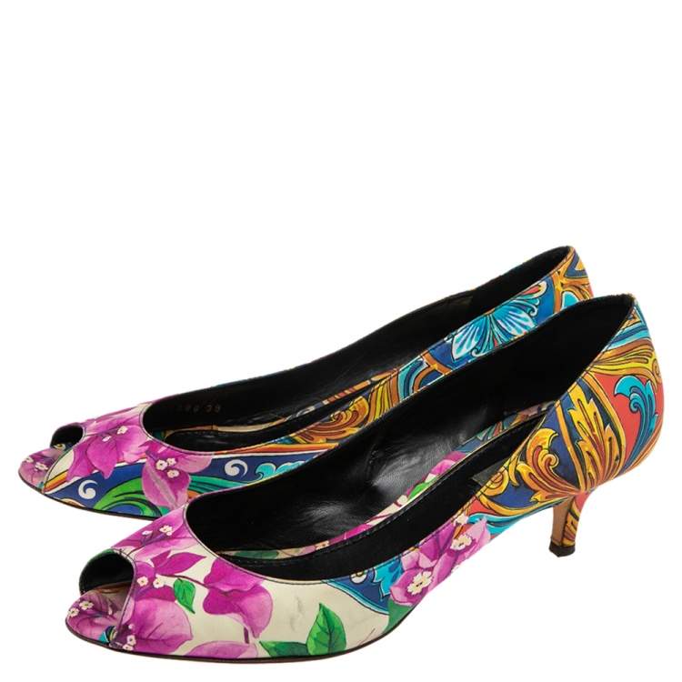 Pre Owned Dolce & Gabbana Multicolor Canvas  Floral Peep Toe Pumps Size 39
