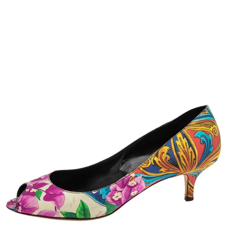Pre Owned Dolce & Gabbana Multicolor Canvas  Floral Peep Toe Pumps Size 39